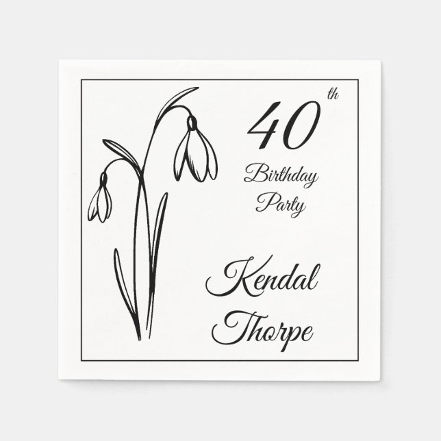 40-års födelsedag Snödroppe Blommande Svart Och Vi Pappersservett (Framsidan)
