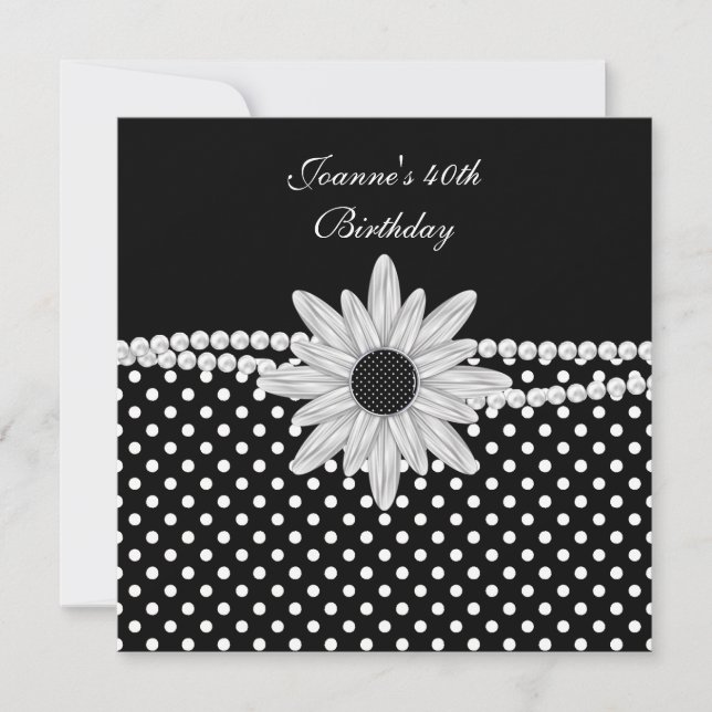40-års födelsedag Svart Vit Pärl Blomma Punkt Inbjudningar (Framsida)