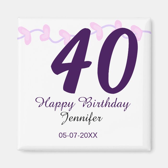 40-års födelsedag tillägg namn datum år lila blomm magnet (Framsidan)