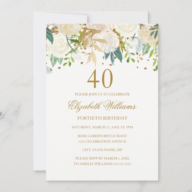 40-års födelsedags elegant gyllene blomsterinbjuda inbjudningar (Framsida)