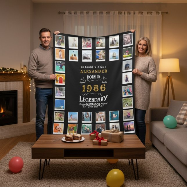 40-års födelsedags fotokollage son eller make fleecefilt (40th birthday fleece blanket held up by a couple in a room.)