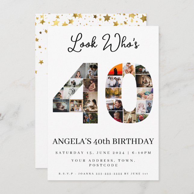 40-års födelsedags fotomontering ser vem som är 40 inbjudningar (Fram/baksida)