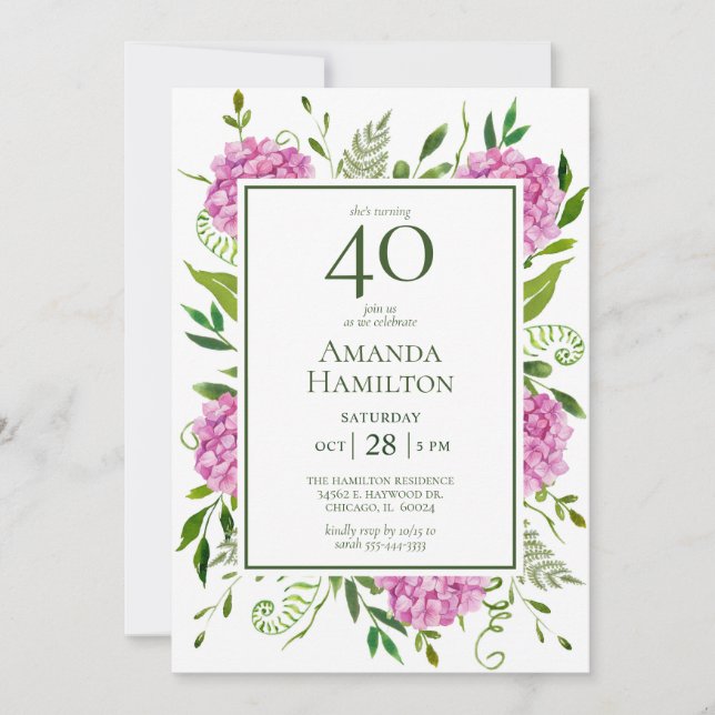40-års födelsedags Rosa Hydrangeor Inbjudningar (Framsida)
