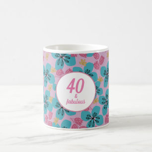 40-års födelsedagsblommig rosa blå modern elegant  kaffemugg