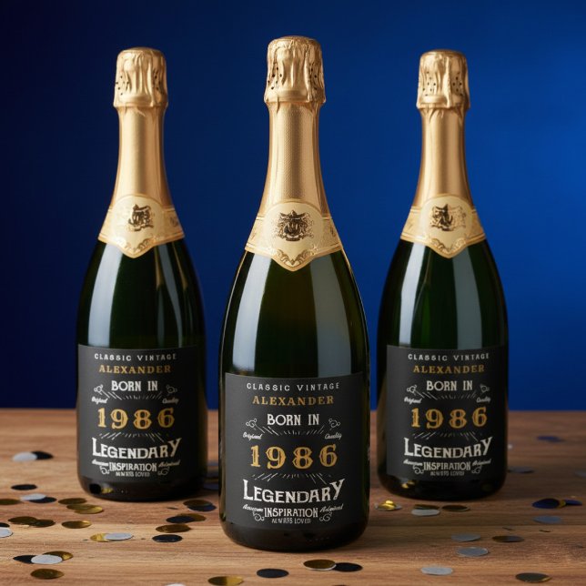 40-års födelsedagslegend - lägg till ditt namn 198 (1986 legendary sparkling wine label. Blue background.
 )