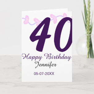 40-års födelsedagspresent namn datum år lila blomm kort
