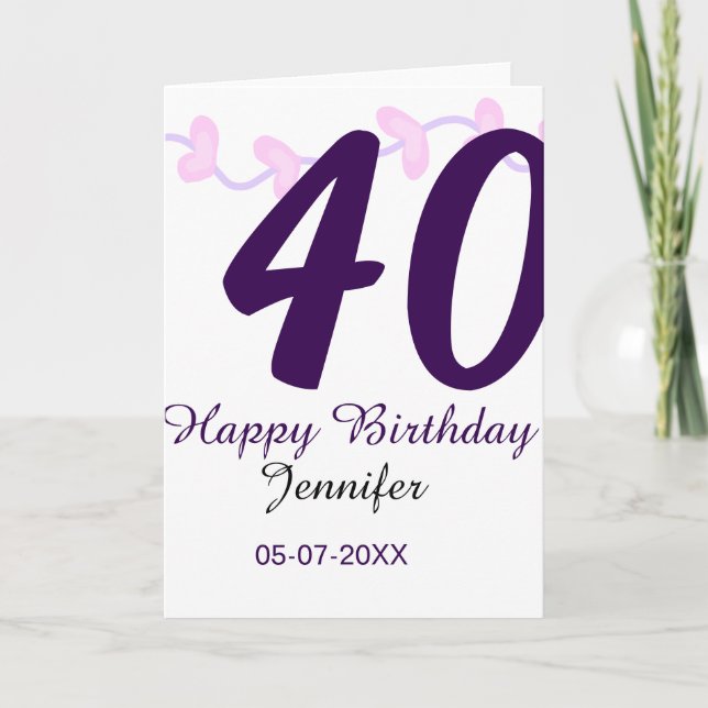 40-års födelsedagspresent namn datum år lila blomm kort (Framsida)