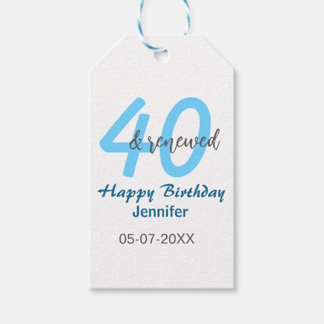 40-års & förnyad födelsedagsnamn datum blå fet sti presentetikett (Framsidan)