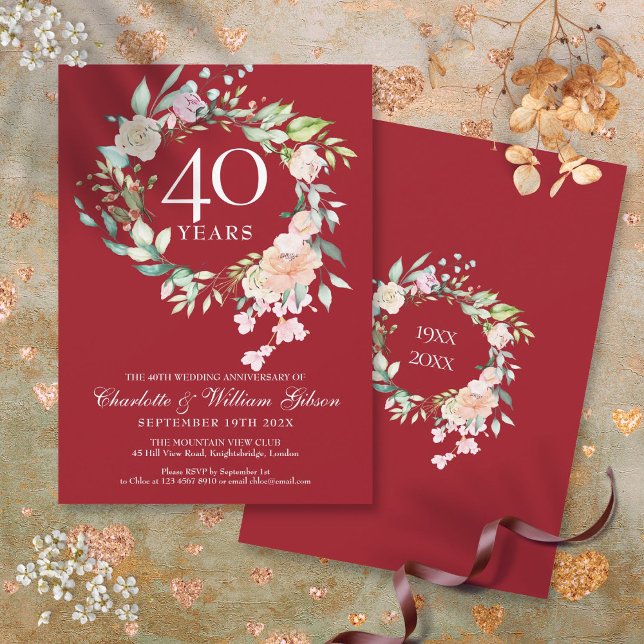 40-års jubileum rosor girlang rubin inbjudningar (40th Wedding Anniversary Roses Garland Ruby Invitation)
