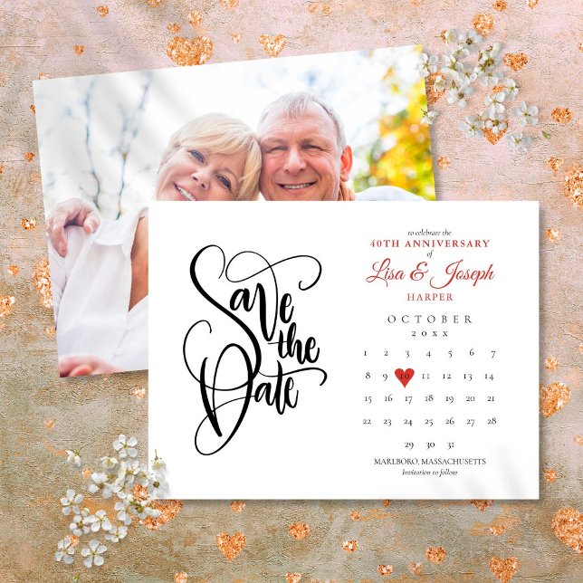40-års jubileum Ruby Spara datumet Kalender Foto Meddelande Vykort (40th Ruby Anniversary Save the Date Calendar Photo Announcement Postcard)