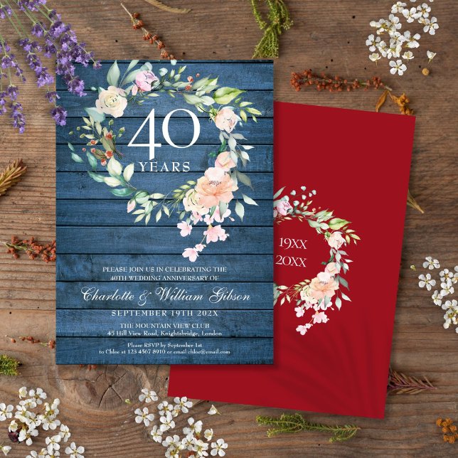 40-års rubin bröllopsdag Blå rustik blomster Inbjudningar (40th Ruby Wedding Anniversary Blue Rustic Floral Invitation)
