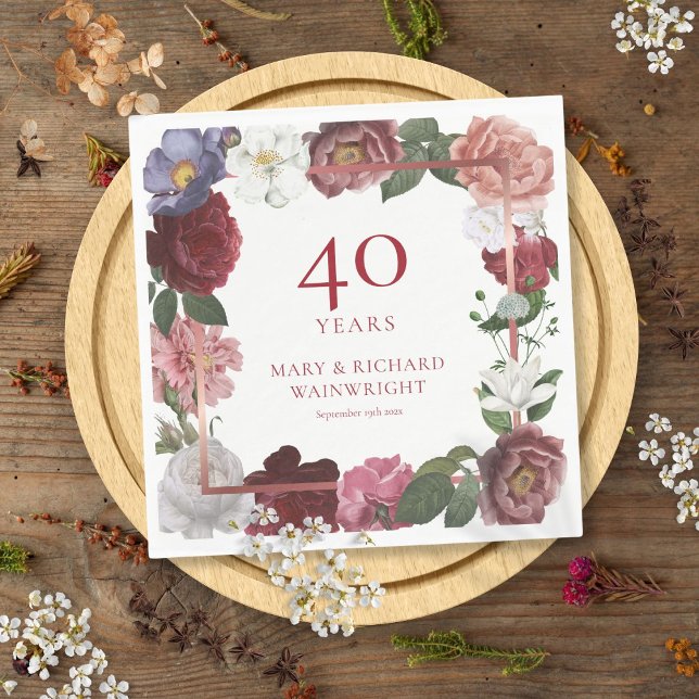 40-års rubin bröllopsdag Country Rose Garden Pappersservett (40th Ruby Wedding Anniversary Country Rose Garden Napkins)