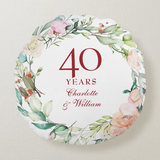 40-års rubin bröllopsdag Elegant blomster Rund Kudde (Framsidan)