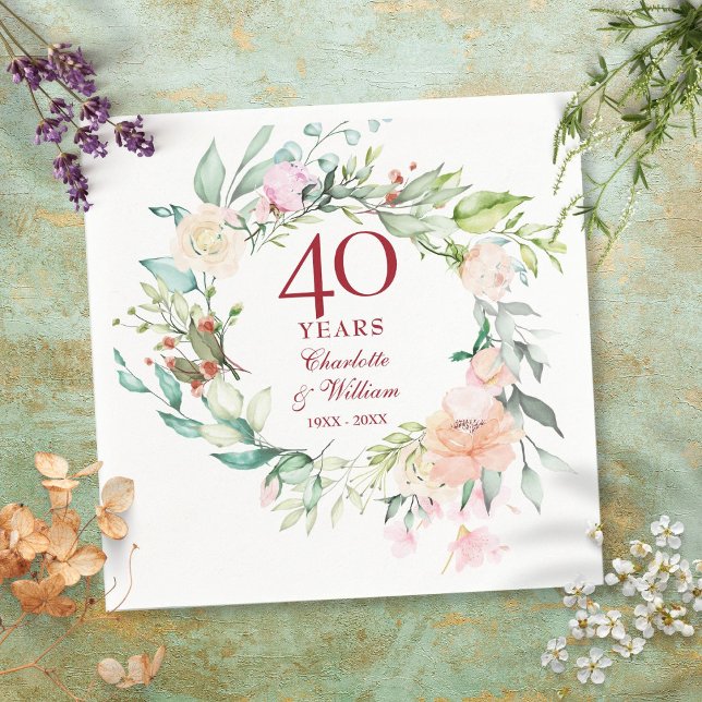 40-års rubin bröllopsdag krans blomster pappersservett (40th Ruby Wedding Anniversary Garland Floral Napkins)