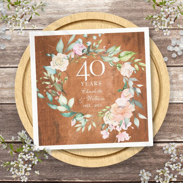 40-års rubin bröllopsdag Rustika rosor i trä Pappersservett (40th Ruby Wedding Anniversary Rustic Wood Roses Napkins)