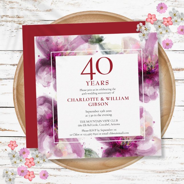 40-års rubin bröllopsdag Vattenfärg blomstermotiv Inbjudningar (40th Ruby Wedding Anniversary Watercolor Floral Invitation)