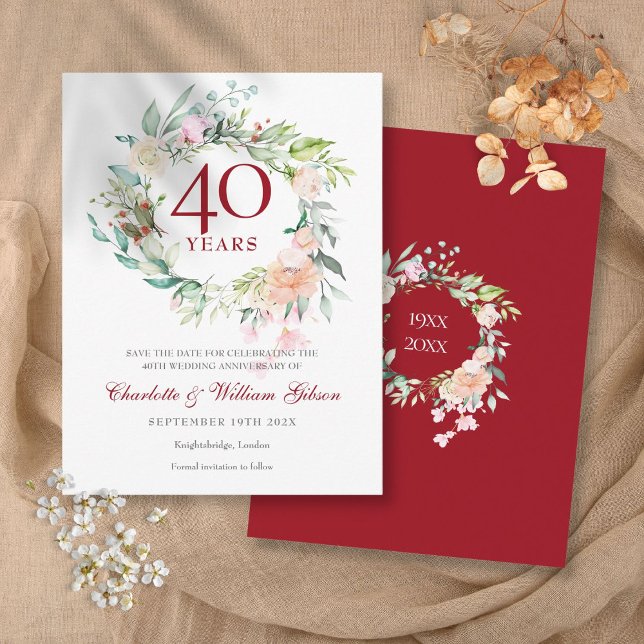 40-års rubin jubileum Spara datum Rosor Girlang  Vykort (40th Ruby Anniversary Save the Date Roses Garland Postcard)