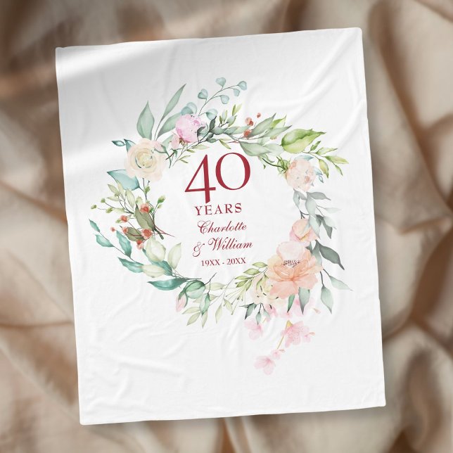 40-års rubinbröllopsfirande blomsterkrans fleecefilt (40th Ruby Wedding Anniversary Floral Garland Fleece Blanket)