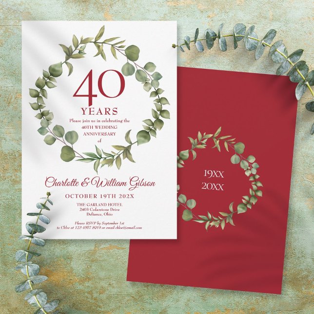 40-års rubinbröllopsjubileum Elegant girlang Inbjudningar (40th Ruby Wedding Anniversary Elegant Garland Invitation)