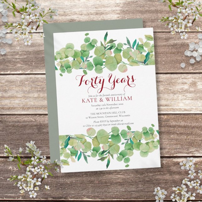 40-års Ruby bröllopsdag Chic grönska  Inbjudningar (40th Ruby Wedding Anniversary Chic Greenery Invitation)