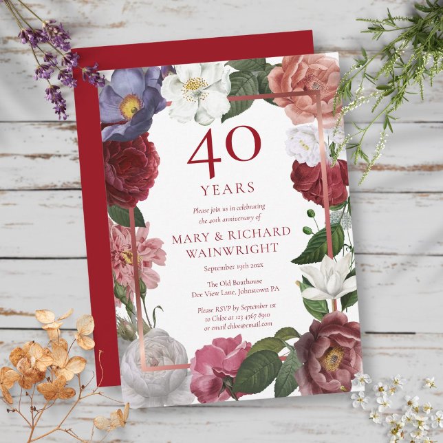 40-års Ruby Bröllopsdag Rosenträdgård Inbjudningar (40th Ruby Wedding Anniversary Rose Garden Invitation)