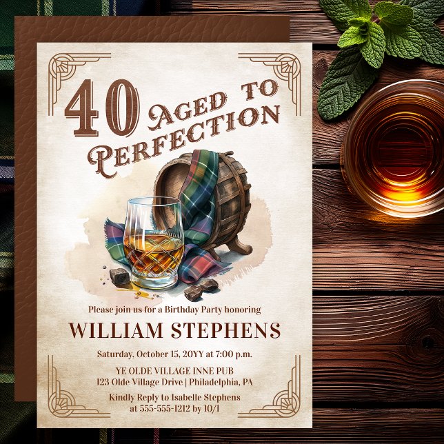 40-års Skotsk Födelsedagsfest i Allra Finaste Ålde Inbjudningar (Aged to Perfection 40th Birthday Party Scotch Whiskey Invitation for Men)