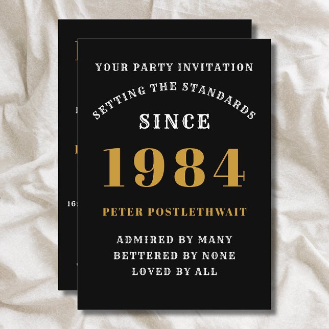 40-årsdag 1984 Svart Guld Personlig För Honom Inbjudningar (Elegant Black and Gold 40th Birthday Invitation - Create Your Own Personalized Design)