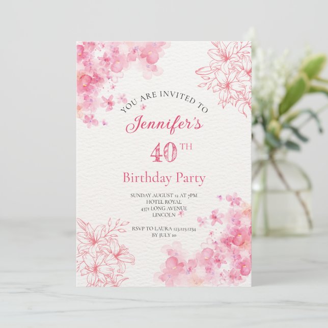 40-årsdag för inbjudan till blommigt party rosa (Stående Fram)