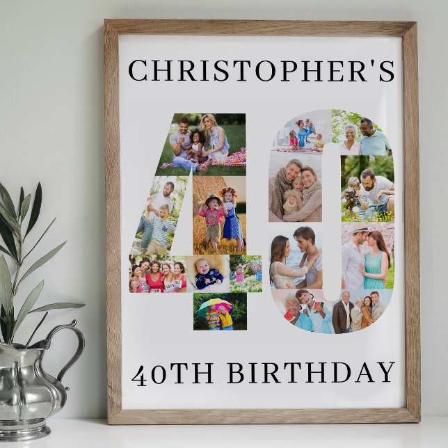 40-årsdag Fotokollage Nummer 40 Personliggjort Poster (40th Birthday Poster with number 40 in photos Available professionally printed or printable download)