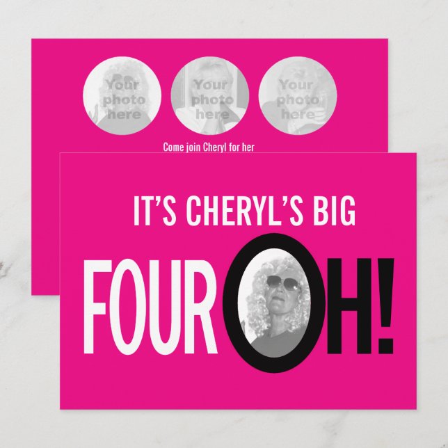 40-årsdag FYRA OH! fotoåtergivning i rosan Inbjudningar (Fram/baksida)