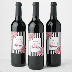 40-årsdag rosa blommigtar på svartvit rand vinflaska etikett