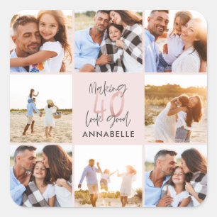 40-årsdag rosa girly glitter fotocollage fyrkantigt klistermärke