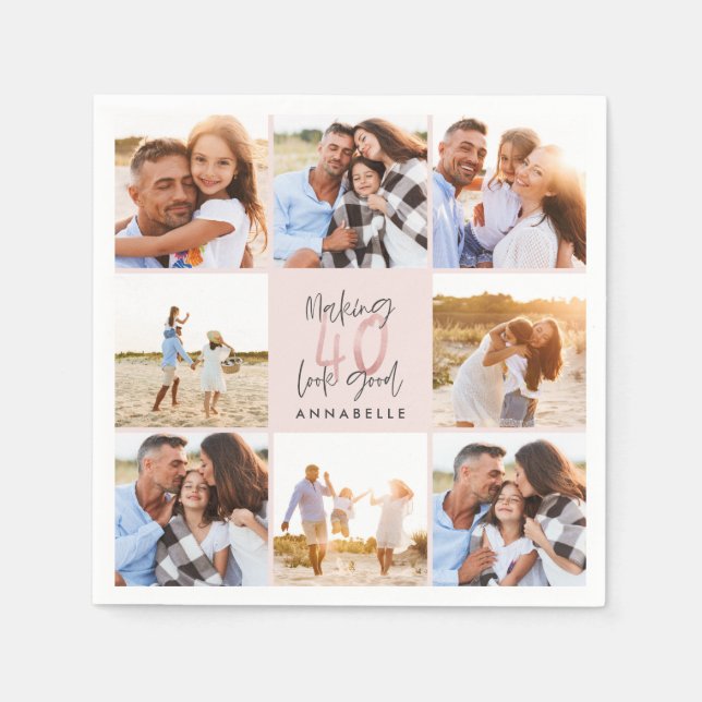 40-årsdag rosa girly glitter fotocollage pappersservett (Framsidan)