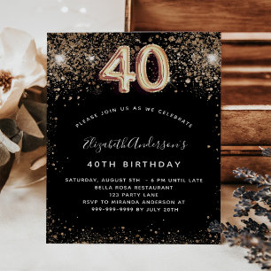 40-årsdag - svart budgetinbjudan för guld glitter flygblad