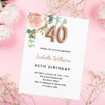 40-årsdagen blommigt ro guld eucalyptus greenery inbjudan vykort<br><div class="desc">En inbjudan till elegant för en 40-årsdag party. En vit chic bakgrund. Dekorerad med en ro guld och en rosa vattenfärgad blomma, blommigt, grönt eucalyptus löv, spriter, grönsaks- och faux ro sprigs. Personalisera och närmare uppgifter om namn och party. Svarta och gyllene brev. Namn är skrivet med ett modernt handskript...</div>