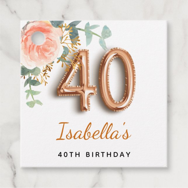 40-årsdagen blommigt ro guld eucalyptus monogram gåvor etiketter (Framsida)
