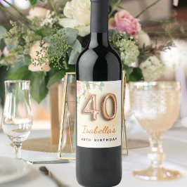 40-årsdagen blommigt ro guld eucalyptus monogram vinflaska etikett