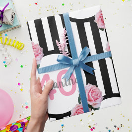 40-årsdagen chic rosa ros svartvit rand presentpapper