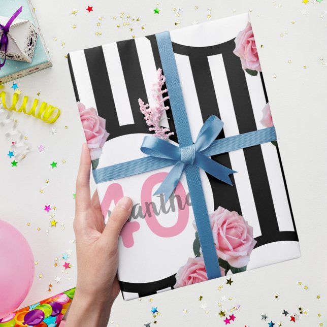 40-årsdagen chic rosa ros svartvit rand presentpapper (Skapare uppladdad)