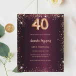 40-årsdagen för inbjudan till burgundy ro guld<br><div class="desc">För en elegant 40-årsdag. En burgundisk övertoningsbakgrund färg. Dekorerad med damm från ro guld faux glitter. Anpassa och lägg till information om namn och party. Namn är skrivet med ett handskript i stil. 1 lakan = 1 inbjudan tryckt kant till kant.</div>