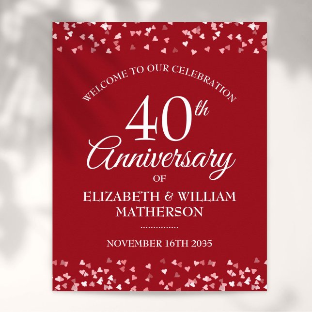 40-årsdagen för Ruby Kärlek Hearts välkomstskylt Poster (40th Anniversary Ruby Love Hearts Welcome Sign)