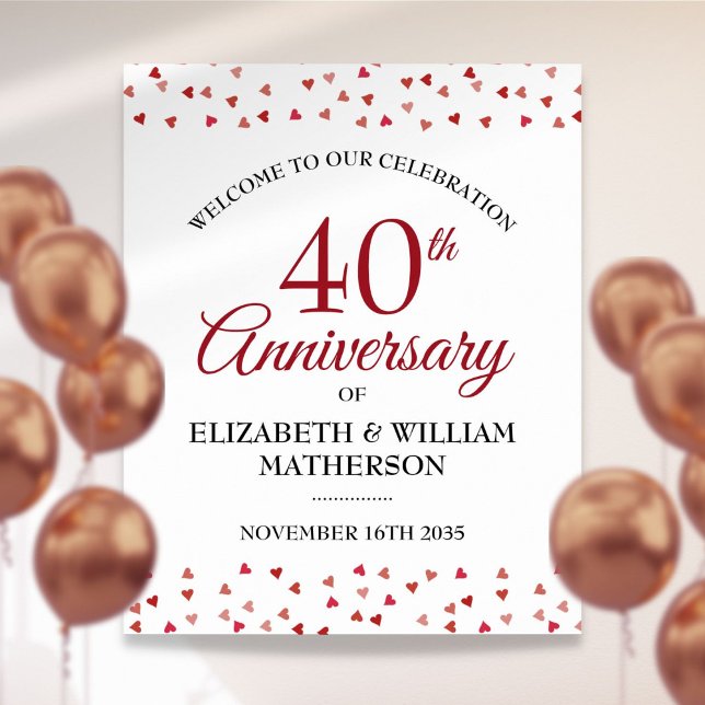 40-årsdagen för Ruby Kärlek Hearts välkomstskylt Poster (40th Anniversary Ruby Love Hearts Welcome Sign)