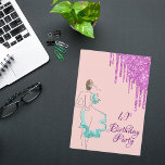 40-årsdagen party ro guld glitter: droppklänning inbjudningar<br><div class="desc">En feminin, modern och glamorös födelsedagsinbjudan. En gigantisk bakgrund i guld, färg. En skiss av en kvinna i en färgad i en mint grönt. Lila faux glitter dropp överst. Texten: 40:e födelsedagen Party med ett handskript för lila och trendig i stil. Mallar för information om namn och party på baksidan....</div>