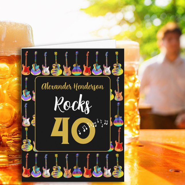 40-årsdagen Rock and roll Guitar add Namn Kort (Cool music 40th birthday rock guitar black and gold personalized rocks 40 greetings card)