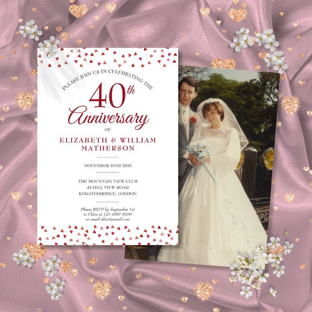 40-årsdagen Ruby Kärlek Hearts Confetti Photo Inbjudningar (40th Anniversary Ruby Love Hearts Confetti Photo Invitation)