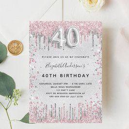 40-årsdagen silver rosa glitter stoft från metall inbjudningar