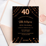 40-årsdagen svart ro guld-stjärnor elegant inbjudan vykort<br><div class="desc">För en elegant på 40-årsdagen party. En svart bakgrund. Dekorerad med ro guld stjärnor. Anpassa och lägg till namn,  närmare uppgifter om party,  födelseår. Namn är skrivet med ett handskript i stil</div>