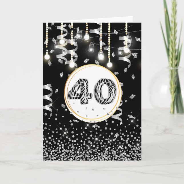 40-årsdagen svart vit zebra glitter ljus kort (Framsida)