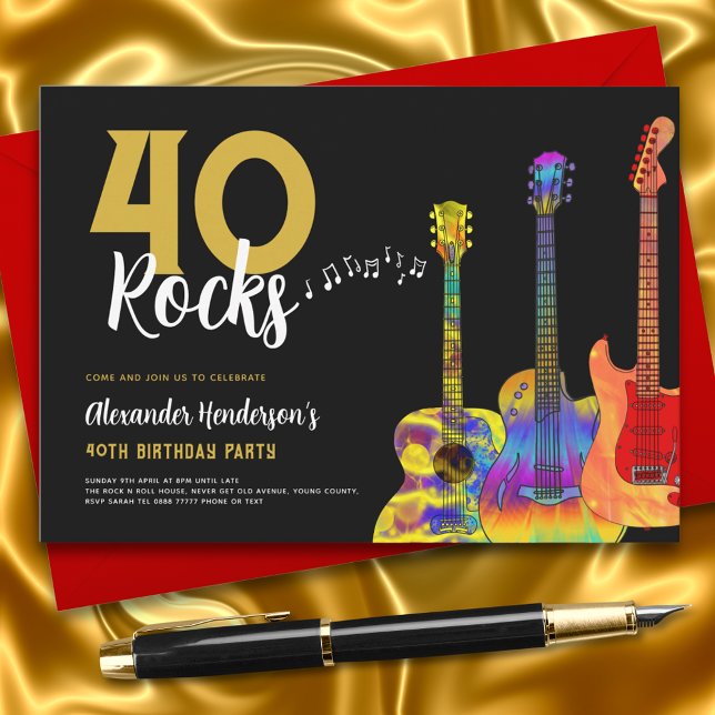 40-årsfest 40 Rocks Gitarr Inbjudningar (Rock and roll guitar black and gold 40th birthday party invitation guitarist musician music lover)