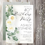 40-årsfest Elegant vit ros Eukalyptus Inbjudningar<br><div class="desc">Fira en speciell milstolpe med denna eleganta inbjudan till 40-årsfest som har romantiska vita rosor och mjuk eukalyptusgrönska. Denna sofistikerade blommiga design kombinerar tidlös botanisk stil med modern typografi och skapar en vacker inbjudan till en elegant födelsedagsfirande.</div>